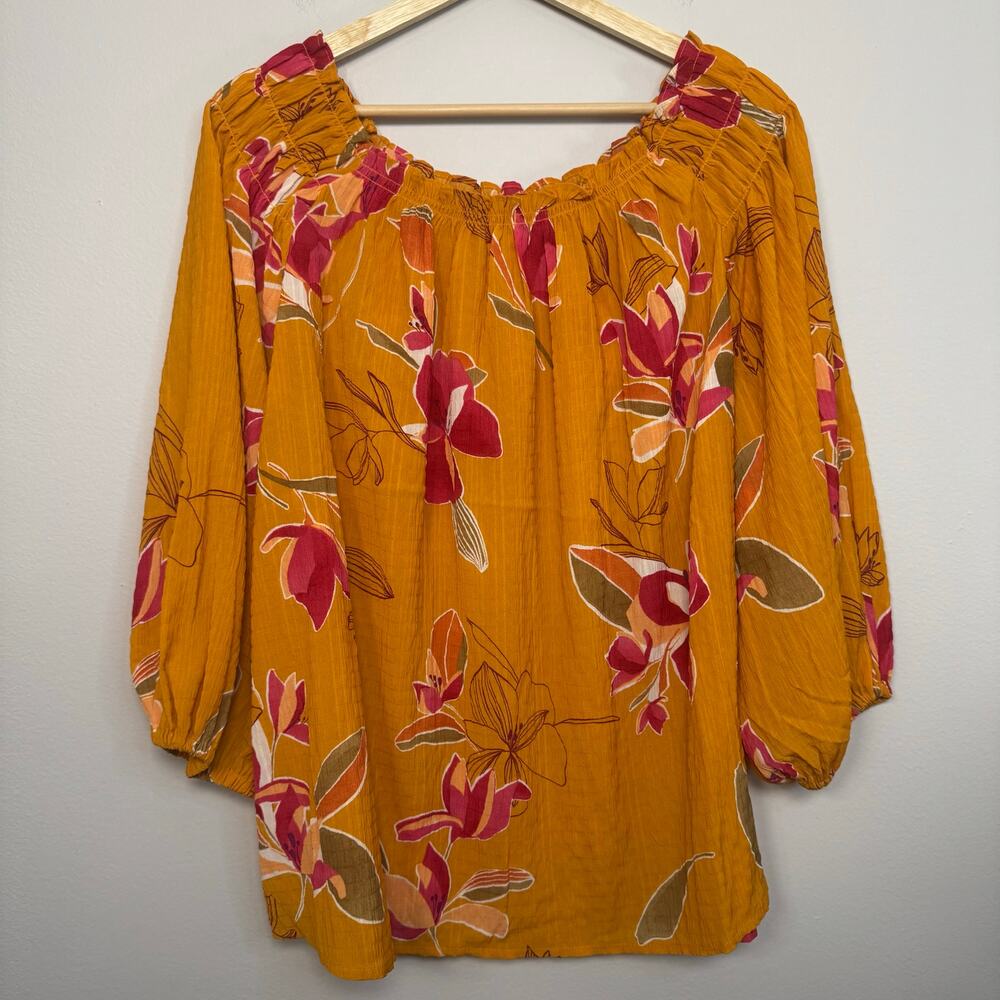 Ava & Viv Size 1X Mustard Yellow Floral Print Off Shoulder Gauzy Crinkle Boho